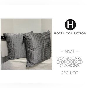 🆕HOTEL COLLECTION - NWT - 2PC LOT - 20” SQUARE EMBROIDERED GREY CUSHION / PILLOW